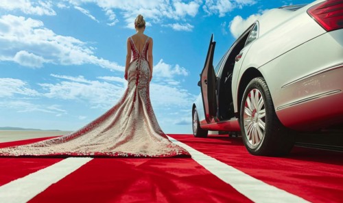 Celebrity woman in long fashionable luxury gown walking on a red carpet to celebrity gala event, AI