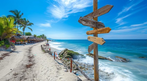 Sign pointing to the direction of vacation destination with scenic beach and ocean, AI generated