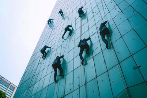 Corporate career employees pursue career opportunities, promotions and climbing corporate ladder,