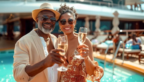 African american couple enjoying cocktails next to the swimming pool on a luxury cruise ship.