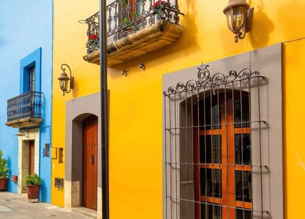 Oaxaca, Mexico, Scenic old city streets and colorful colonial buildings in historic city center,