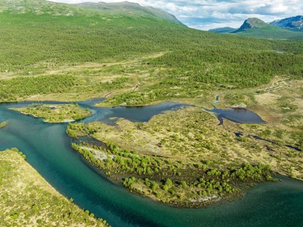 The widely branching arms of river Sjoa, upper valley of river Sjoa, Jotunheimen, Norway, Europe