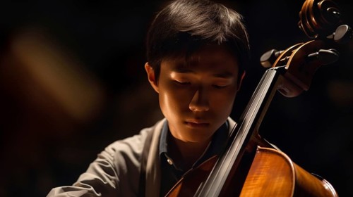 Young asian boy playing his cello at the concert hall under dramatic lights, generatvie AI, AI