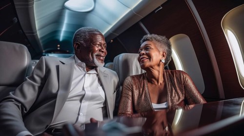 Happy and proud elderly successful adult african american couple in their private executive luxury