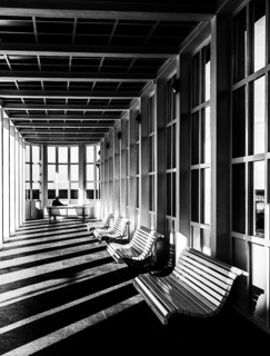 Black and white photograph, benches under a balustrade on the beach of the Baltic Sea, Binz, Rügen,