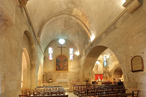 Interior view with wall painting of the Gothic church of St-Vincent, Saint, Les Baux-de-Provence,
