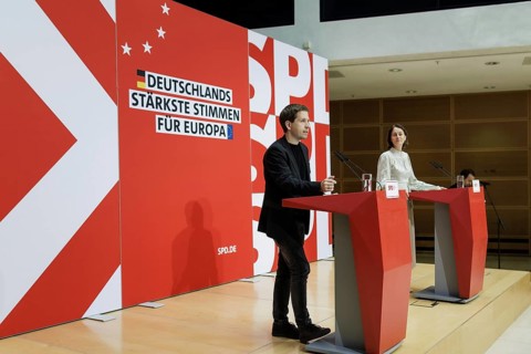 Kevin Kuehnert, SPD Secretary-General, and Katarina Barley, SPD lead candidate for the 2024