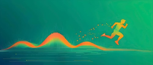 Illustration of a wave of vibrant data points shaping into a runner silhouette, conveying speed and