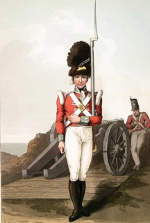 Scene from everyday life in England around 1810, Grenadier, or the first West York militia, with