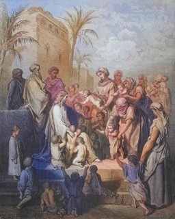 Engraving from the Dore Bible on Mark 13 to 16: Jesus blesses the children by Gustave Dore,