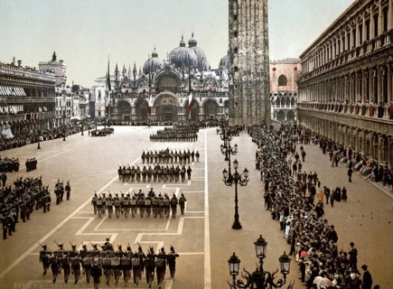 Military parade on St Mark's Place, Venice, Italy, Historic, digitally restored reproduction from a