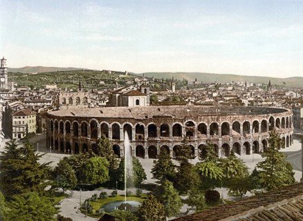 The Arena, Verona, Italy, Historic, digitally restored reproduction from a 19th century original,