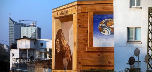 Wall painting Was tun Fragezeichen by Klaus Klinger, street art, Vinzenzplatz, Düsseldorf, North