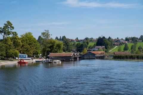 Boathouses on the shores of Staffelsee, Seehausen, Upper Bavaria, Bavaria, Germany, Europe