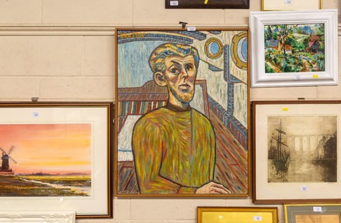 Man inside a boat picture artwork in style of John Bratby plus other pictures on display at