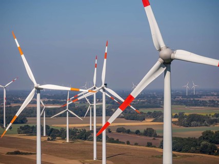 Wind farm near Anklam, drone photo of wind turbines, Sarnow, Mecklenburg-Western Pomerania,