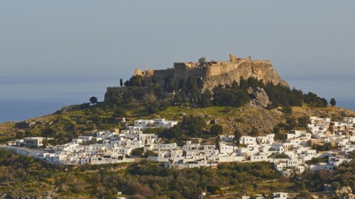 Evening light or late afternoon light, Acropolis and St John's Fortress of Lindos, Lindos village,