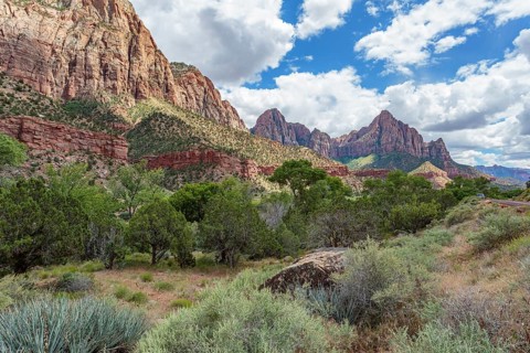 Rock formations in the rugged mountains of Zion National Park, Utah