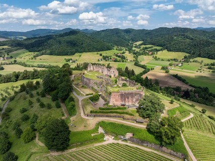 Aerial view of the ruins of Hochburg Castle, also known as Hachberg, 11th century, between