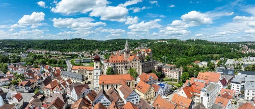 Aerial view, panorama of the town of Sigmaringen with the Hohenzollern castle above the old town,