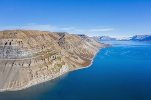 Aerial view over the mountains of Skansbukta in the outer Billefjorden, Billefjord, southeast of
