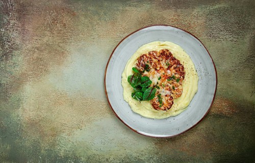 Cauliflower steak, with mashed potatoes, spices and herbs, homemade, no people