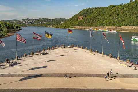Confluence of the Rhine and Moselle rivers at the Deutsches Eck in Koblenz, Rhineland-Palatinate,