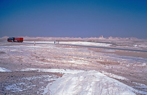 Rotel-Tours coach, tourists, mountains, White Desert, Libyan Desert, Egypt, Africa