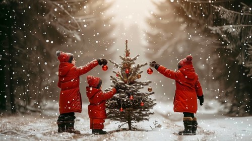Warmly dressed children outside in the snow and hanging A christmas ornaments on A tree. generative