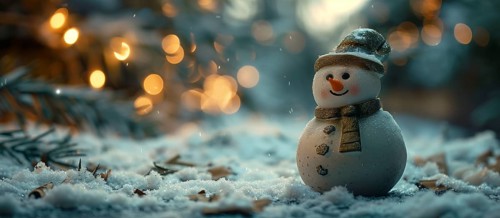 A cheerful christmas snowman in a winter snowy scene banner. generative AI., AI generated