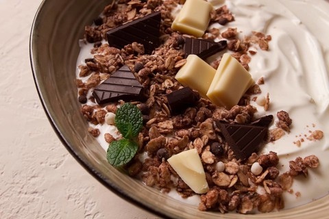 Yogurt with chocolate muesli, breakfast, close-up, fork on top, no people