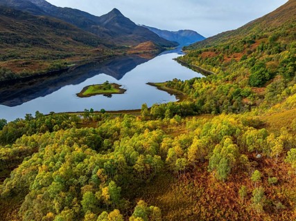Fjord, coast, mountain landscape, reflection, island, autumn, autumn colours, aerial view, Loch