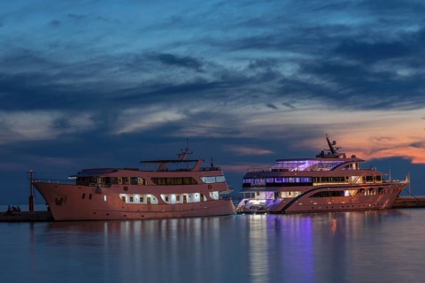 Excursion boats in the harbour of Rovinj, Istria, Croatia, Europe