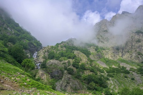 Waterfall above Lago della Rovina, Entracque, Province of Cuneo, Italy, Europe