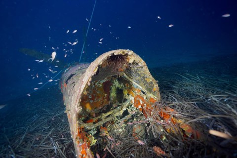 Rusty cockpit of a submerged aircraft wreck surrounded by seagrass, Neptune grass (Posidonia