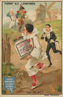 Series Stories of Pierrot, as thief, long finger, carries away the Liebig glass and the people