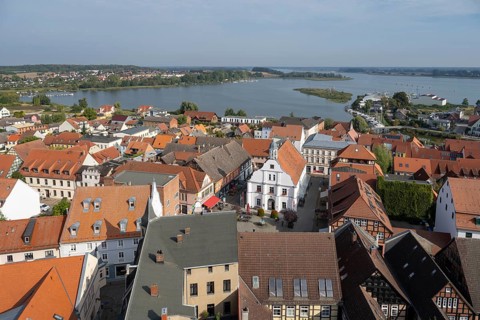 Old town with town hall, Peenestrom in the background, view from the tower of St Peter's Church,