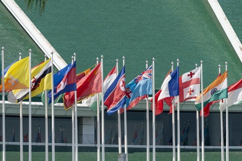 Many flags in front of the United Nations Conference Centre, Bangkok, Thailand, Asia