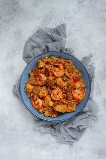 Jambalaya, Creole dish, American pilaf, rice with chicken and shrimp, vegetables, homemade, no