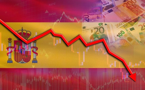 Financial fall of Spain on economy market. Spain financial crisis on economic graph