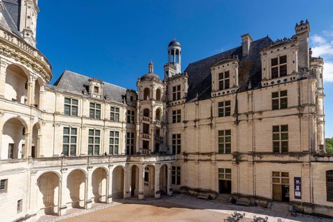 Outside tower of The Royal Chateau at Chambord. Loire Valley, Loir-et-Cher department, Centre-Val