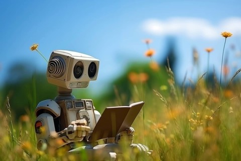 AI learning concept, a cute robot reading a book in a summer meadow. The image captures the harmony