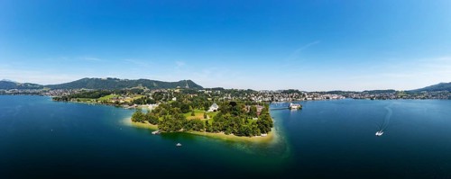 Drone shot, panorama shot, Villa Toscana in Toscana Park with Ort Castle, Gmunden, Altmünster am