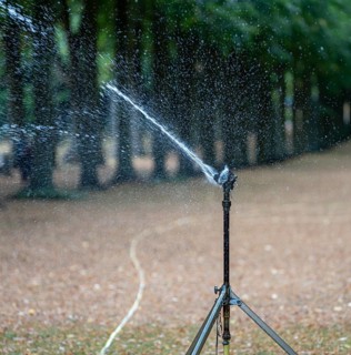Lawn sprinkler irrigates withered meadow in park, Potsdam, Brandenburg, Germany, Europe