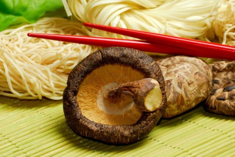 Shitake mushrooms, dried, and Asian noodles, Shiitake (Lentinus edodes) Shitake, chopsticks