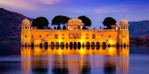 Panorama of Rajasthan landmark, Jal Mahal (Water Palace) on Man Sagar Lake in the evening in