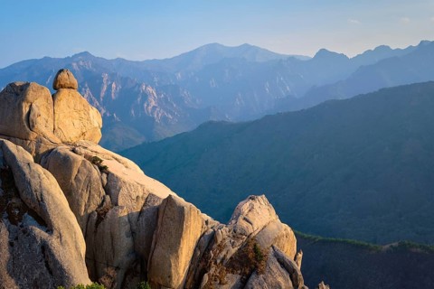 View of stones and rock formations from Ulsanbawi rock peak on sunset. Seoraksan National Park,