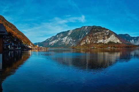 Panorama of Austrian tourist destination Hallstatt village on Hallstatter See in Austrian alps in