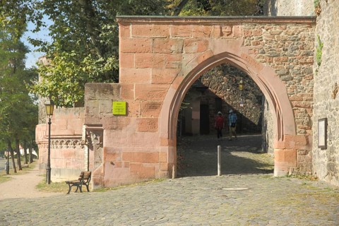 Main Gate with historic city fortification, city wall, archway, battery, Höchst, Main, Frankfurt,