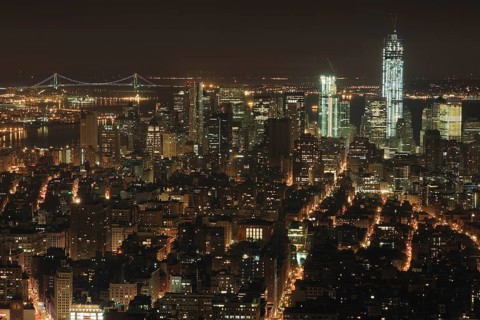 Manhattan at night, brightly lit city, photographed from the Empire State Building, New York, USA,